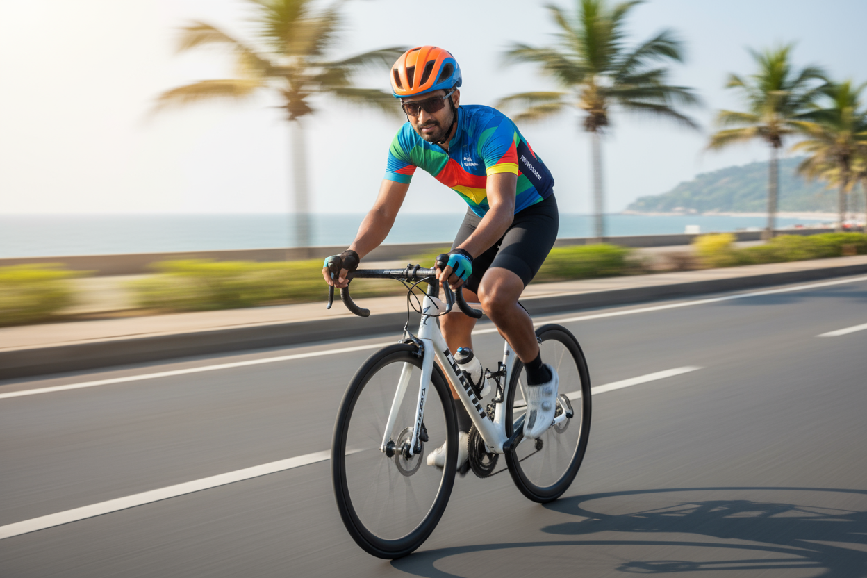 Create a human image with a indian facing riding a bicycle with helmet, jersey, gloves